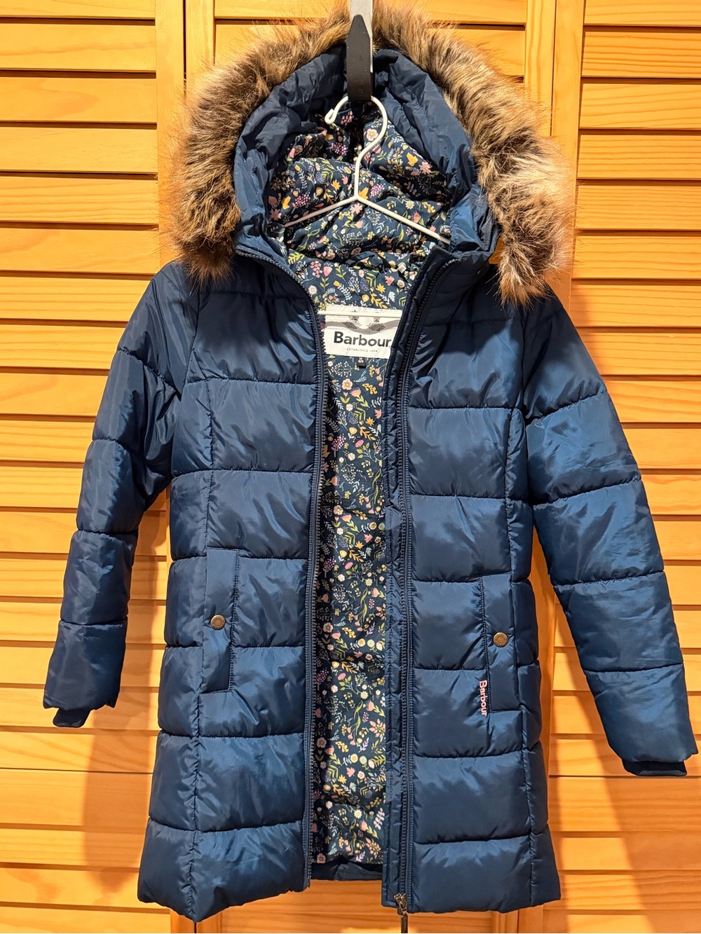 Barbour Girls' Rosoman Navy Quilted Hooded Puffer Coat with Faux-Fur Trim